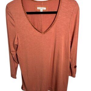 Pure Good by Anthropologie Satin trimmed V-neck 3/4 Slv Top Terracotta Sz Large